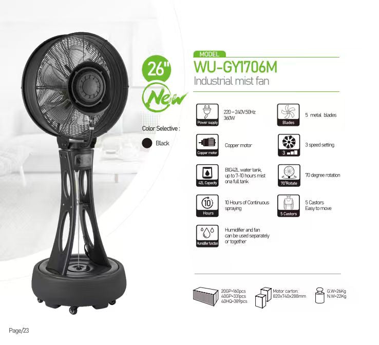42L big water tank mist stand fan for outdoor activity