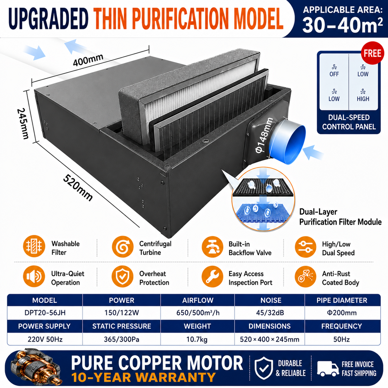 Duct fan with air purification and filtration