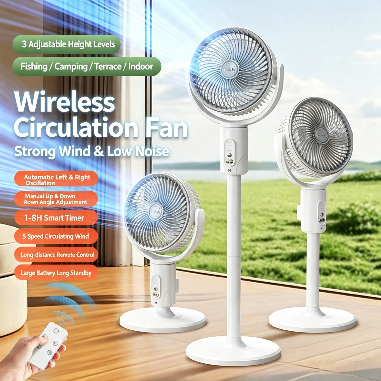 F11 Remote Control 8h Timing Power Portable Circulating stand Fan 5 Modes Adjustable