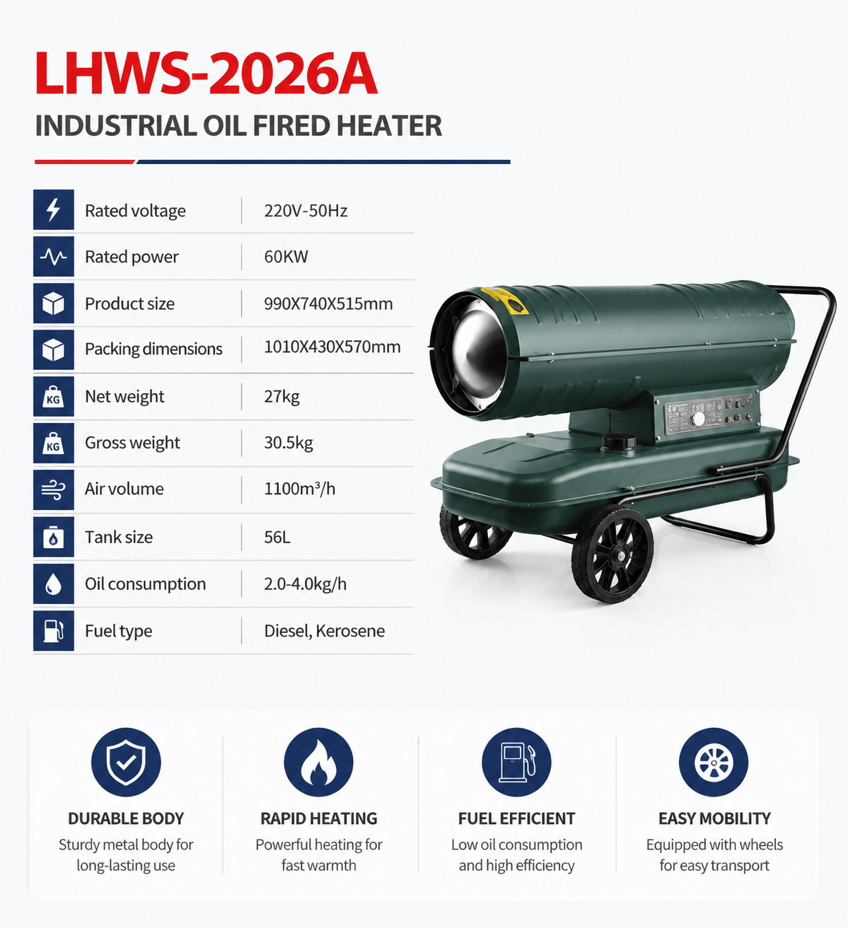 60KW  Industrial Indirect-Fired Diesel Heater  High Efficiency Mobile Design for Workshops Greenhouses Farms
