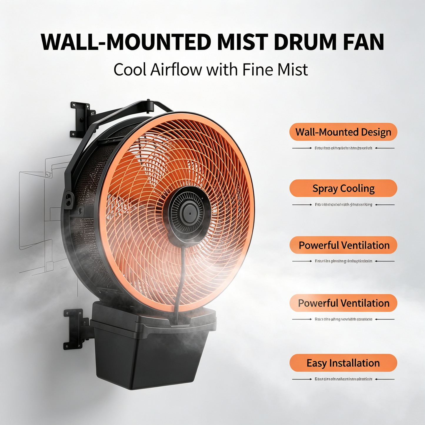 220V 450W  550W 600W Wall-mounted misting cylindrical fan