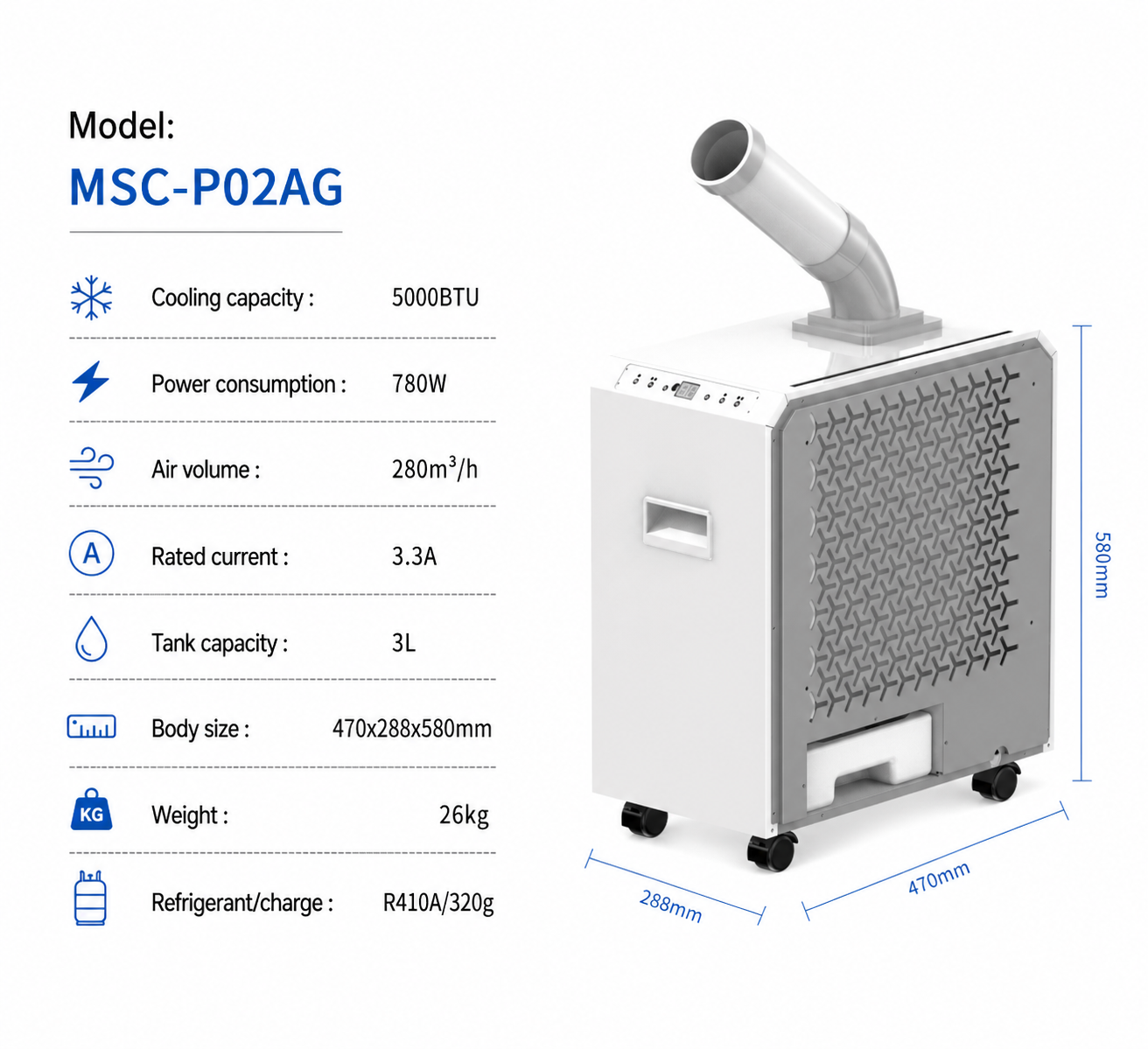 5000BTU mini portable air cooler with strong wind