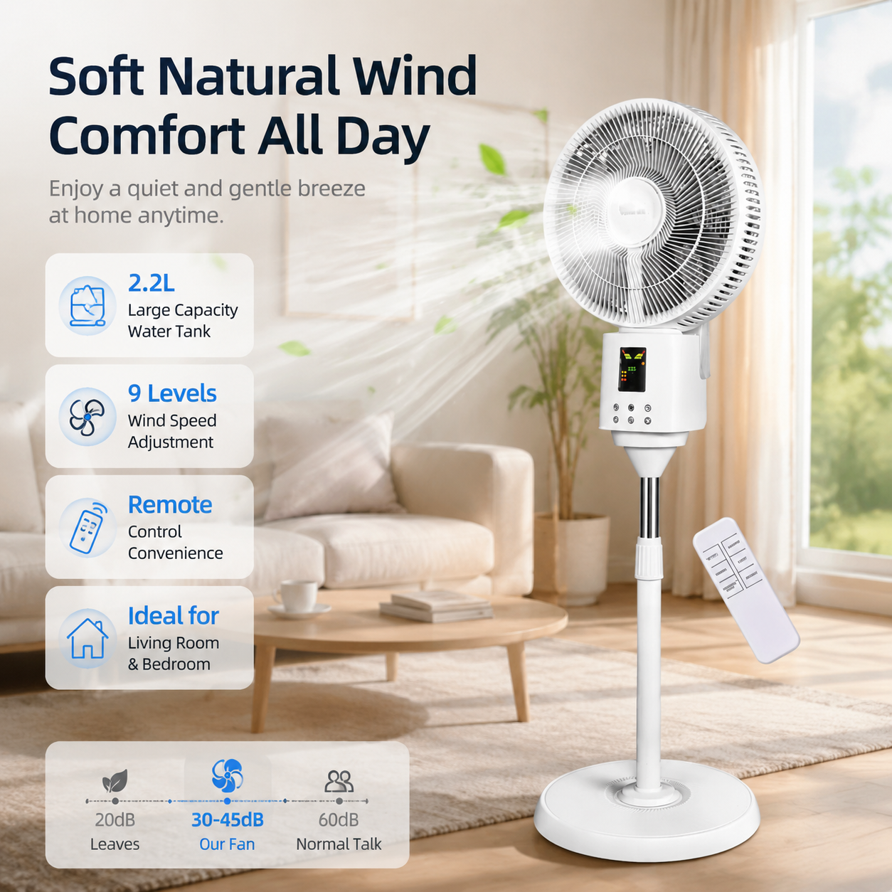 High quality white mist stand fan with humidifier