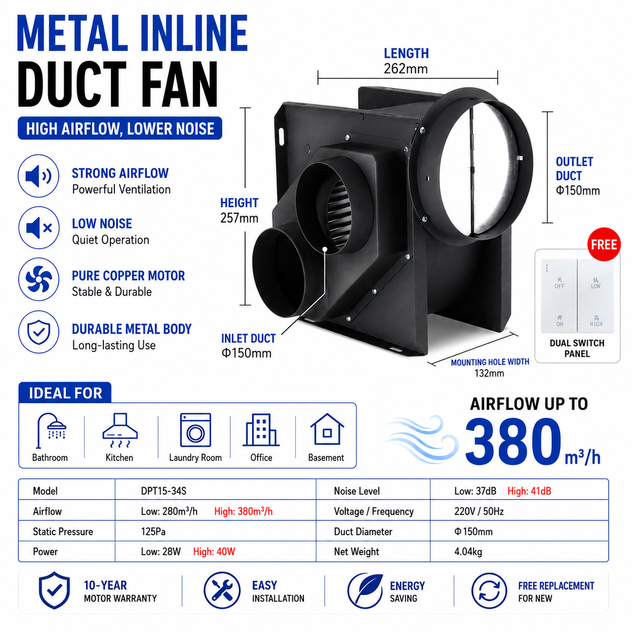 One-in-two, one-in-four split-type centrifugal turbine duct fan with two speeds