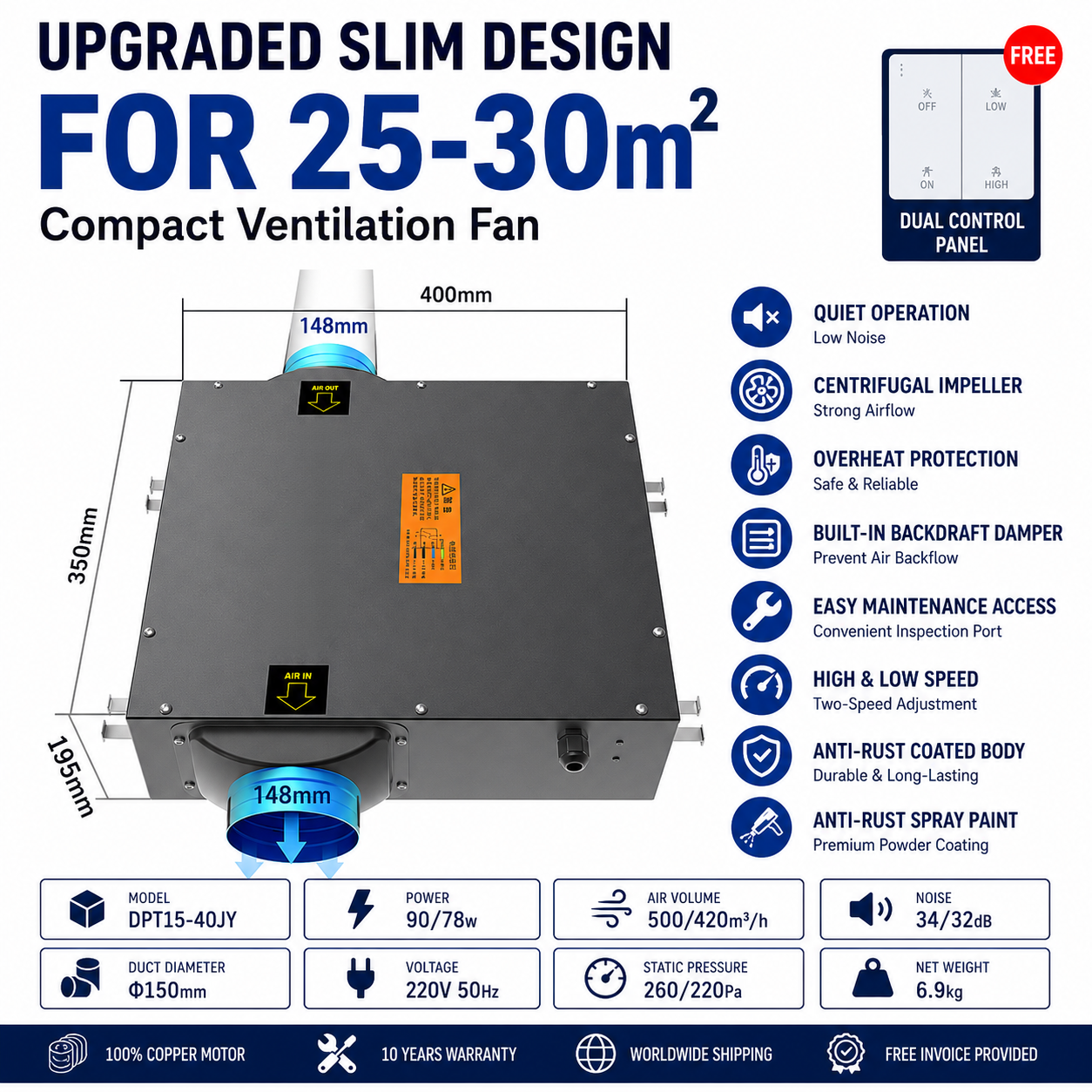 Powerful Commercial Quiet Duct Fan for Fresh Air Exchangers