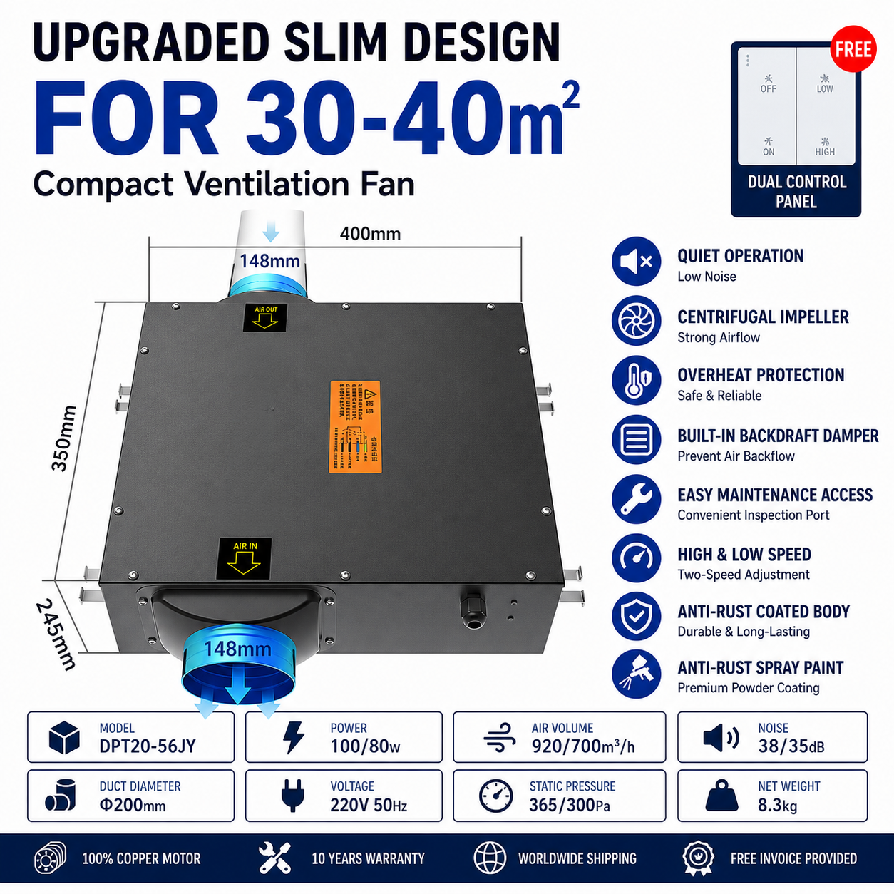 Powerful Commercial Quiet Duct Fan for Fresh Air Exchangers