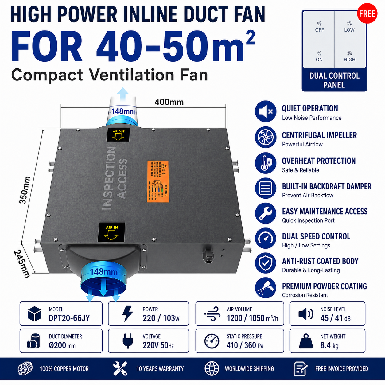 Powerful Commercial Quiet Duct Fan for Fresh Air Exchangers