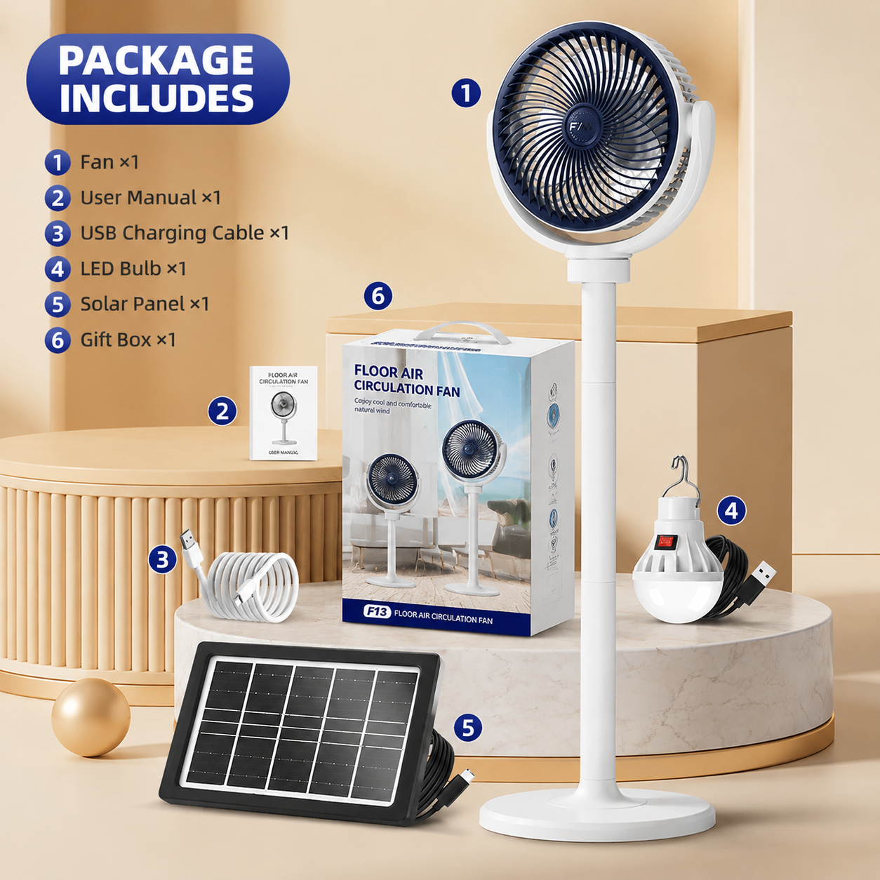 F13 five speeds three-level height adjustment solar stand fan