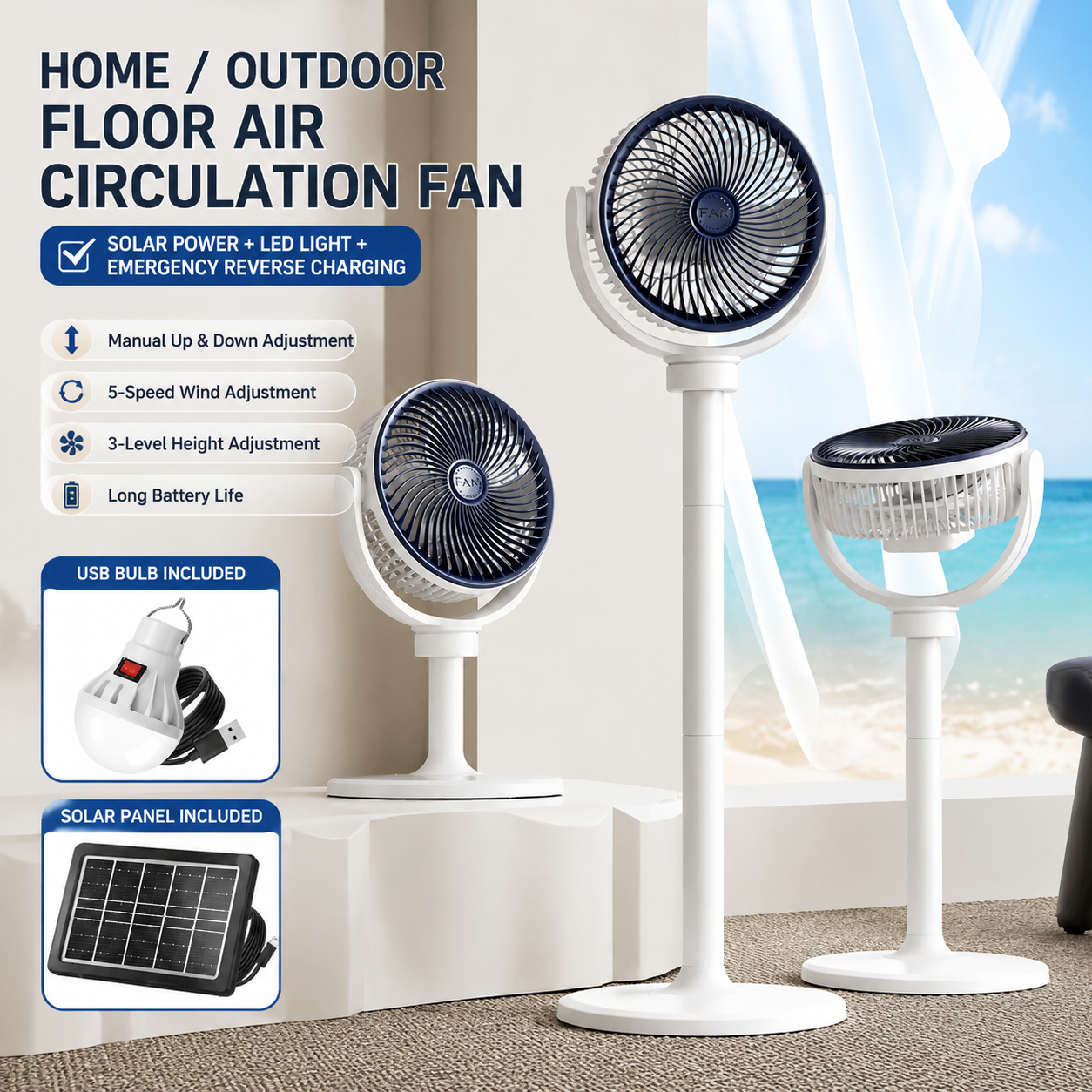 F13 five speeds three-level height adjustment solar stand fan
