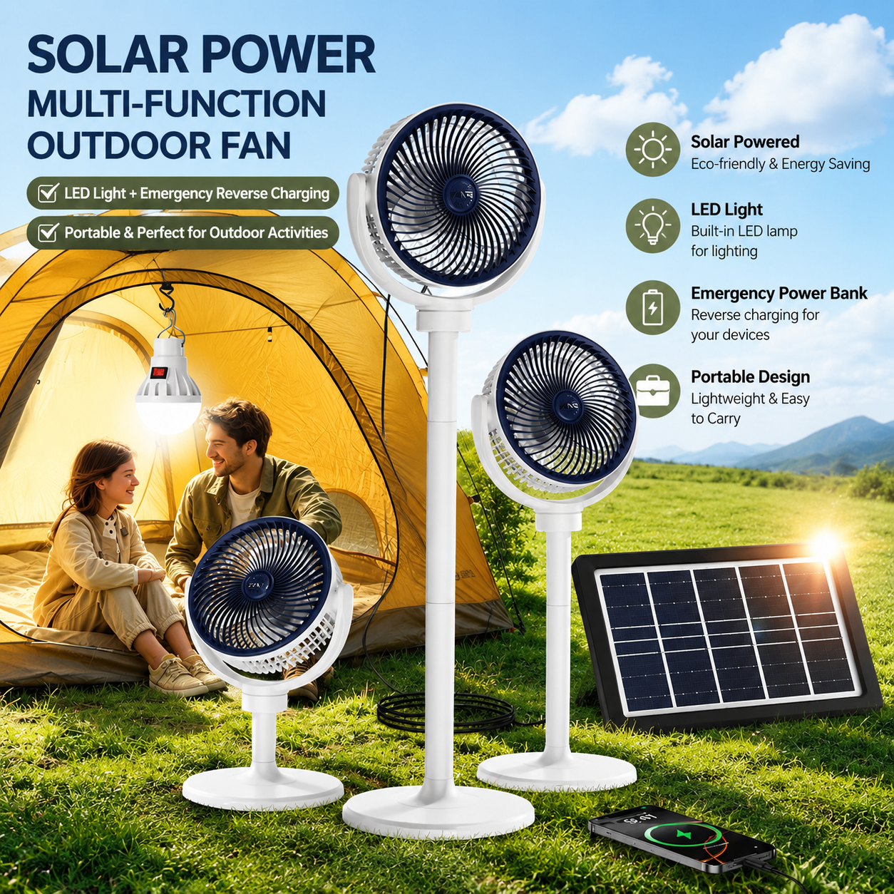 F13 five speeds three-level height adjustment solar stand fan