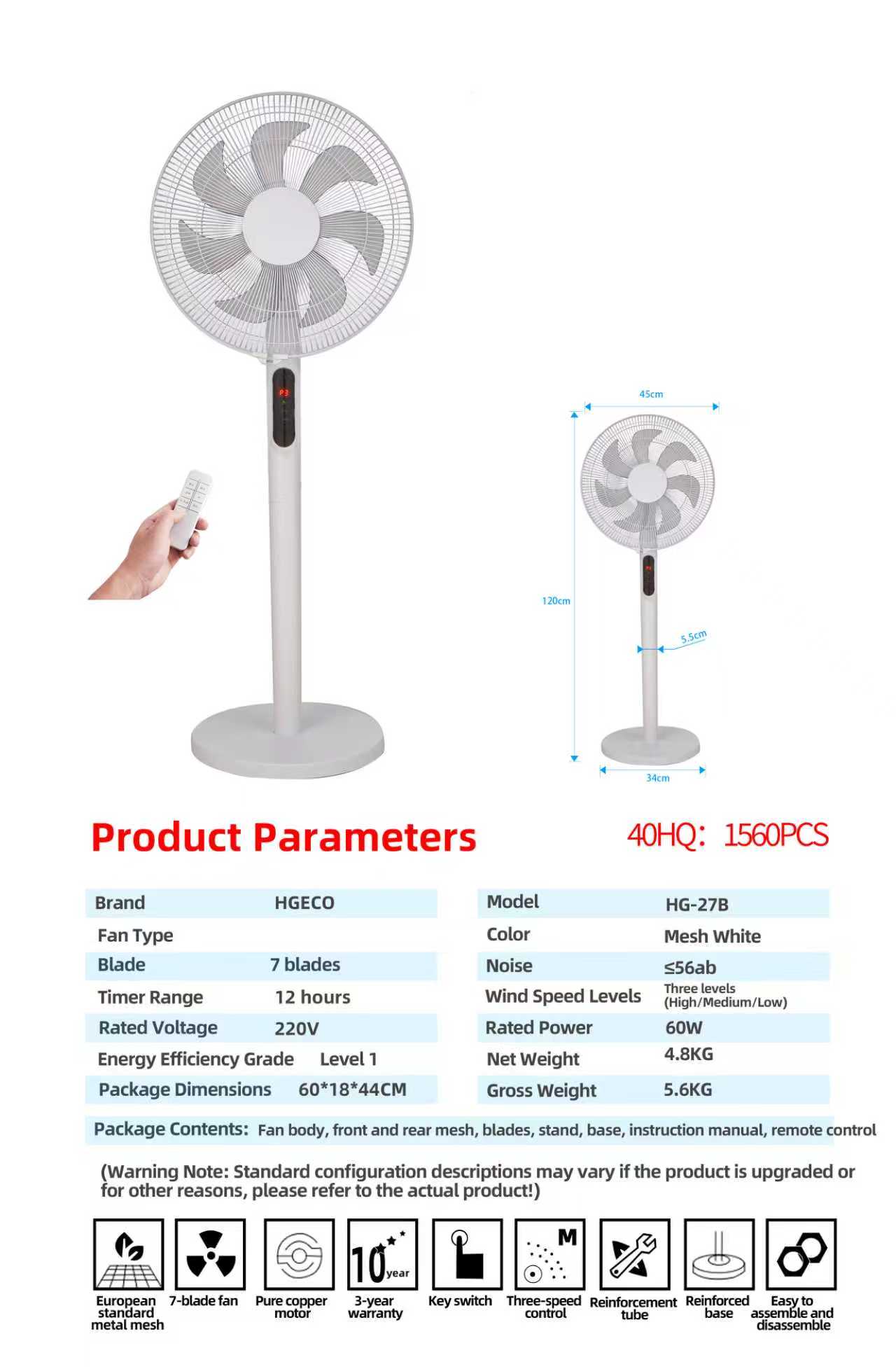 18inch Stand Fan  with 12 hours Timing Remote control