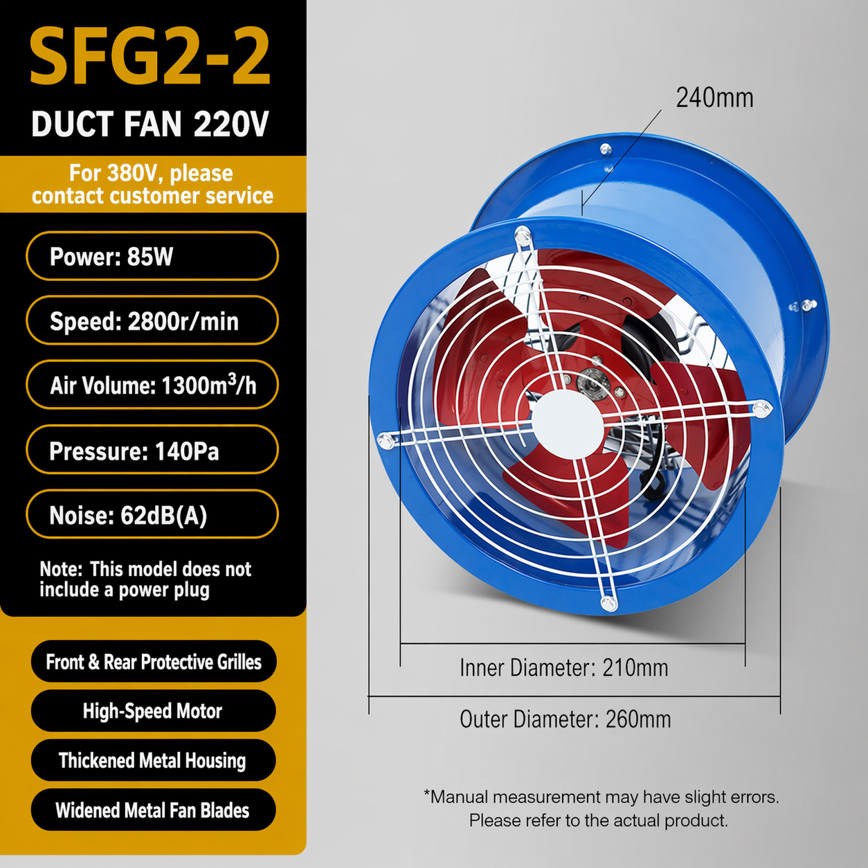Industrial Axial Flow Fan Duct Ventilation Exhaust Fan Heavy Duty Metal Cased Fan for Factory Warehouse Industrial Air Cooling
