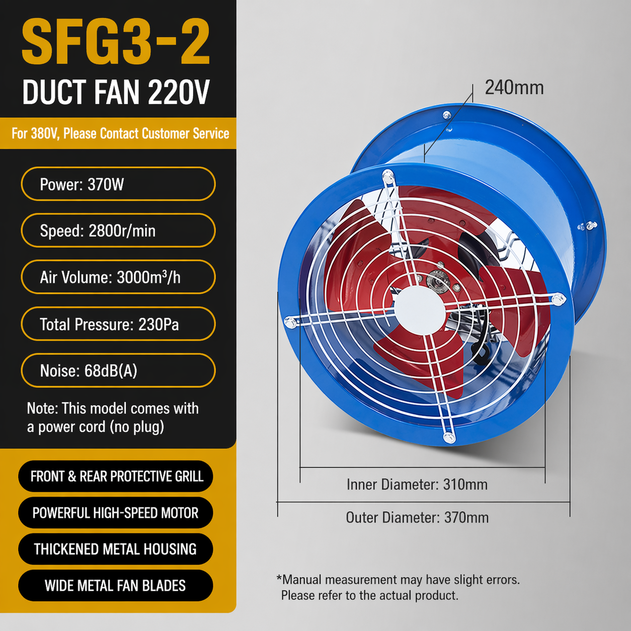 Industrial Axial Flow Fan Duct Ventilation Exhaust Fan Heavy Duty Metal Cased Fan for Factory Warehouse Industrial Air Cooling