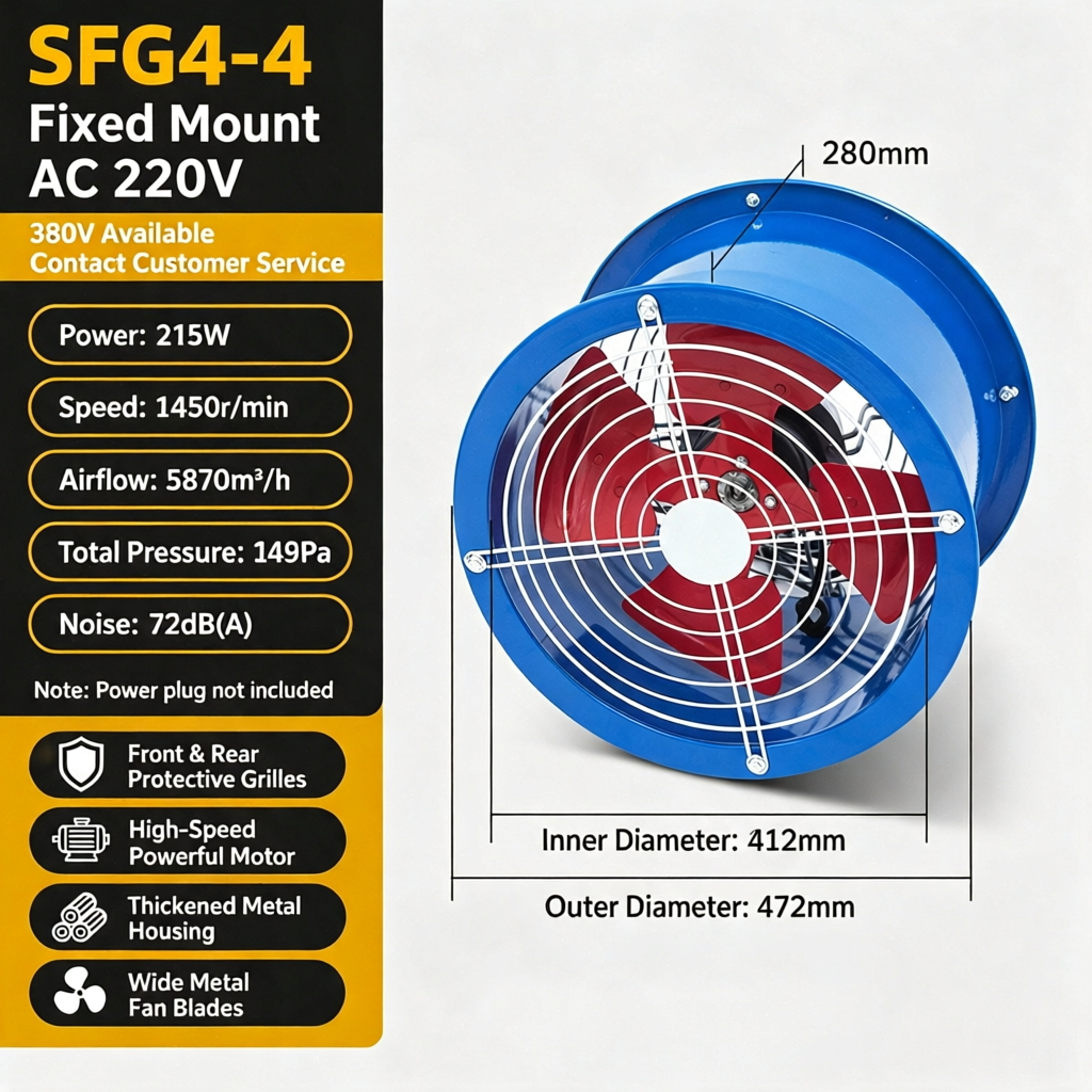 Industrial Axial Flow Fan Duct Ventilation Exhaust Fan Heavy Duty Metal Cased Fan for Factory Warehouse Industrial Air Cooling