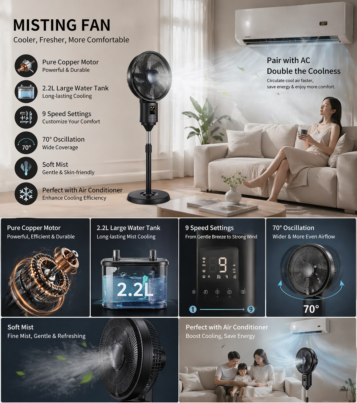 2.2L New Model Water Tank Negative Ion Stand Fan with Remote Control