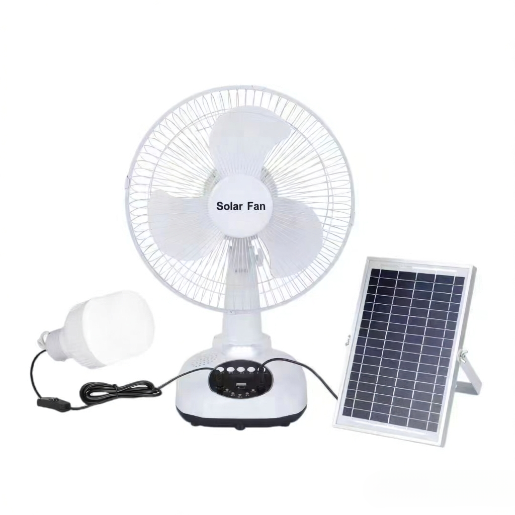HS-T98   12inch Solar Fan 3-Speed USB & Bulb Light Portable Solar Fan