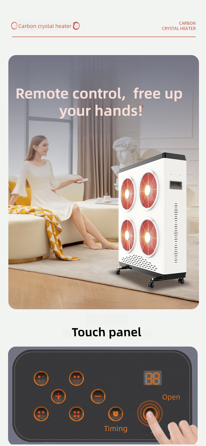 1500W 3000W V Shape Carbon Crystal Electric Heater 2/4 Heads Infrared Room Heater Remote Control Thermostat